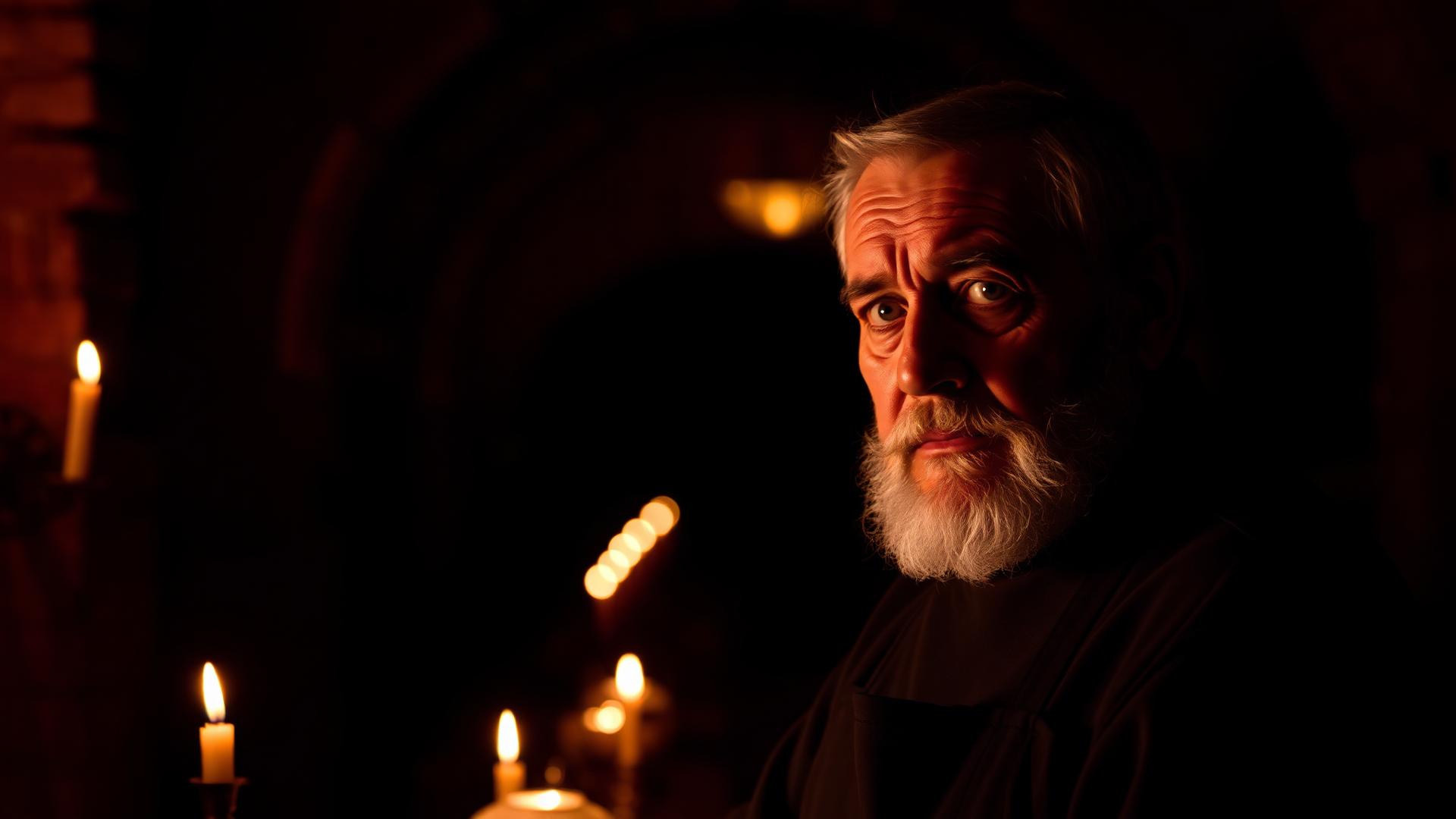 Chef ritratto in cantina storica alla luce delle candele